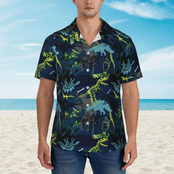 Wukai Cartoon Dinosaur Men's Hawaiian Shirt Short Sleeve Casual Button Down Summer Beach Aloha Shirt Tropical Print Holiday Party