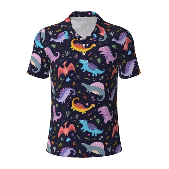 Wukai Cartoon Dinosaur Men’s Polo Shirts,Quick-Dry Athletic Shirt,Classic Fit Shirts-Medium