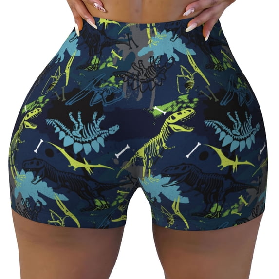 Wukai Cartoon Dinosaur Print Pack Biker Shorts for Women Yoga Workout Gym Running Scrunch Active Shorts-