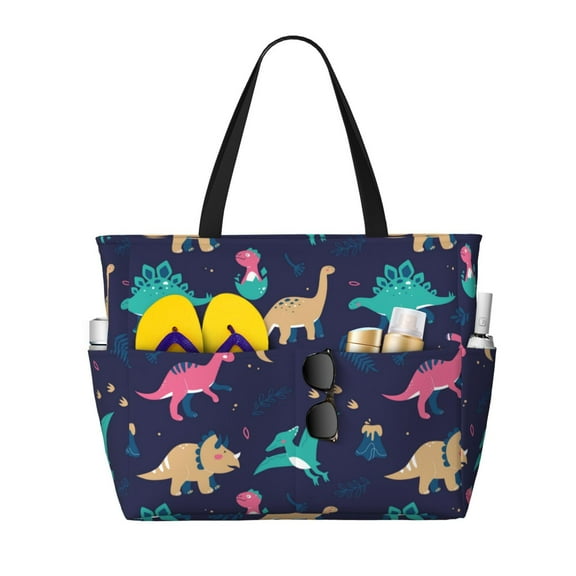 Wukai Cartoon Dinosaur Print Zipper Bag,large Beach Tote Bag,Waterproof Sandproof Bag,Grocery and Picnic Tote Travel Bag