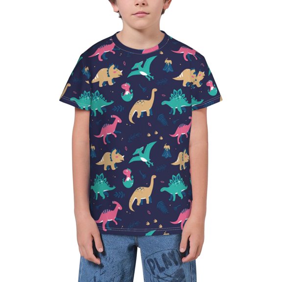 Wukai Cartoon Dinosaur Youth Unisex Short Sleeve T-Shirt for Boys, Girls, Teens, and Kids-Large
