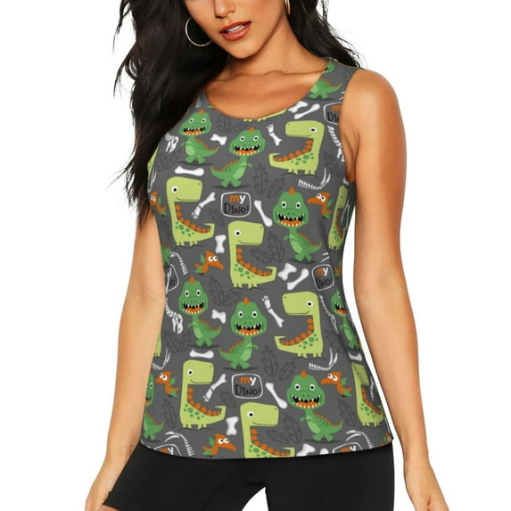 Wukai Cartoon Dinosaurs (2) Print Women's Workout Tank Top Mesh Yoga Shirts Athletic Running Tank Tops Athletic Gym Shirts - Medium