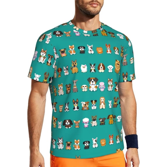 Wukai Cartoon Dogs Print Men's Short-Sleeved Mesh T-Shirt,Quick-Dry Short Sleeve Workout T-Shirt-Medium