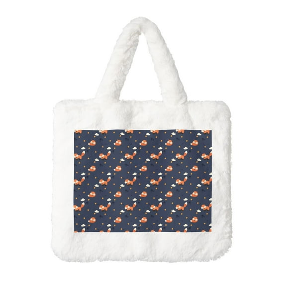 Wukai Cartoon Fox Print Plush Underarm Bag, Ladies Fluffy Shoulder Bag, Women Furry Flower Tote Bag Plush Handbag for Autumn and Winter