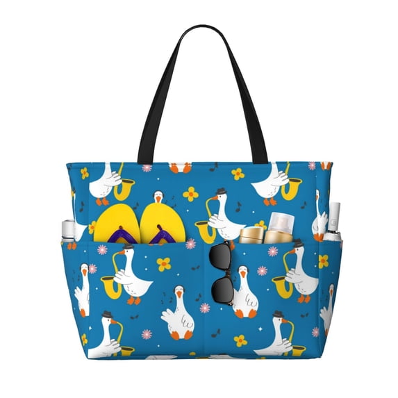Wukai Cartoon Goose Print Zipper Bag,large Beach Tote Bag,Waterproof Sandproof Bag,Grocery and Picnic Tote Travel Bag