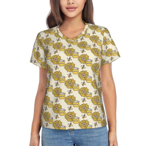 Wukai Cartoon Honey Pot Bee Sunflower Classic V-Neck T-Shirt for Women: Comfortable, Stylish, and Versatile Wardrobe Essential-X-Large