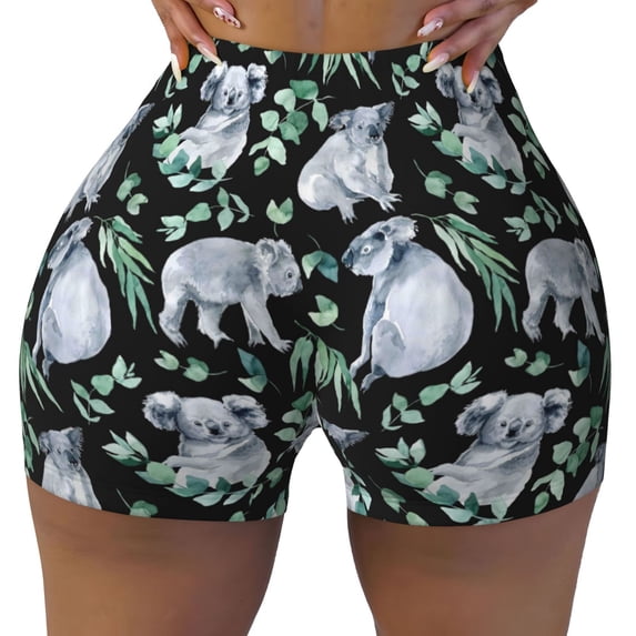 Wukai Cartoon Koala Bear Print Pack Biker Shorts for Women Yoga Workout Gym Running Scrunch Active Shorts-Large
