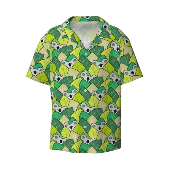 Wukai Cartoon Koala Bear and Leaf Men's Casual Short-Sleeve Button Down Shirt - Lightweight Summer Dress Shirt for Daily Wear-Medium