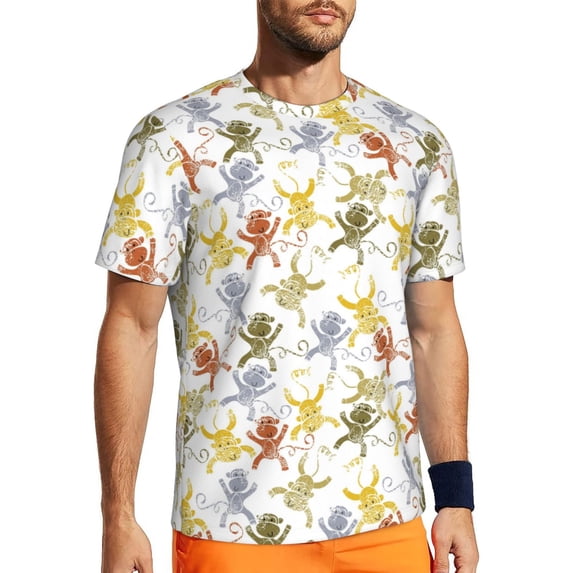 Wukai Cartoon Monkey Print Men's Short-Sleeved Mesh T-Shirt,Quick-Dry Short Sleeve Workout T-Shirt-X-Large