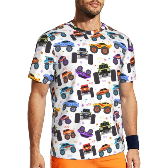 Wukai Cartoon Monster Trucks1 Print Men's Short-Sleeved Mesh T-Shirt,Quick-Dry Short Sleeve Workout T-Shirt-X-Large