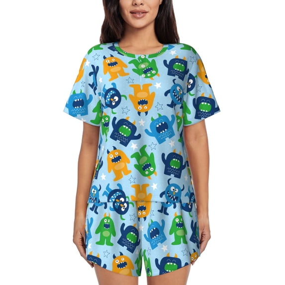 Wukai Cartoon Monster Print Women's Pajama Set - Short-Sleeve Top and Shorts with Elastic Waistband and Pockets for Loungewear, Yoga, and Casual Wear-3X-Large