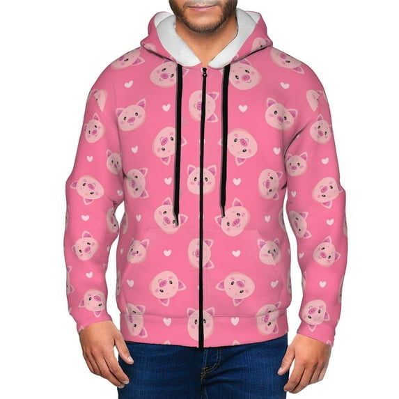 Wukai Cartoon Pigs and Hearts Print Men's Zip-Up Hoodie,Fleece Full-Zip Hoodie for Men, Hooded Sweatshirt-Large