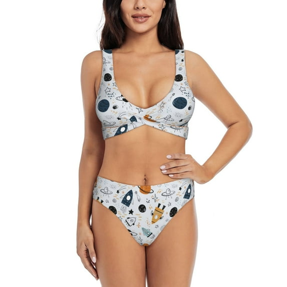 Wukai Cartoon Planets Women's Bikini Set Two Piece,wimsuit High Waisted V Neck Twist Front Adjustable Spaghetti Straps Bathing Suit-Medium