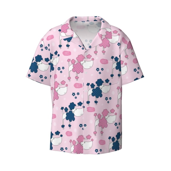 Wukai Cartoon Poodle Dog Men's Casual Short-Sleeve Button Down Shirt - Lightweight Summer Dress Shirt for Daily Wear-3X-Large