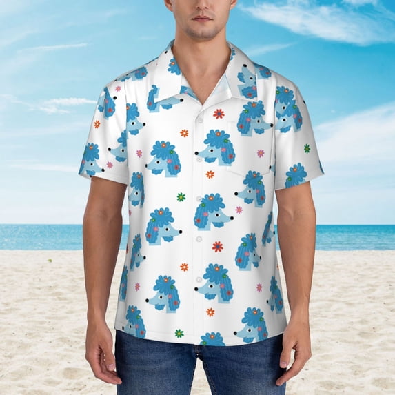Wukai Cartoon Poodle Dog Men's Hawaiian Shirt Short Sleeve Casual Button Down Summer Beach Aloha Shirt Tropical Print Holiday Party
