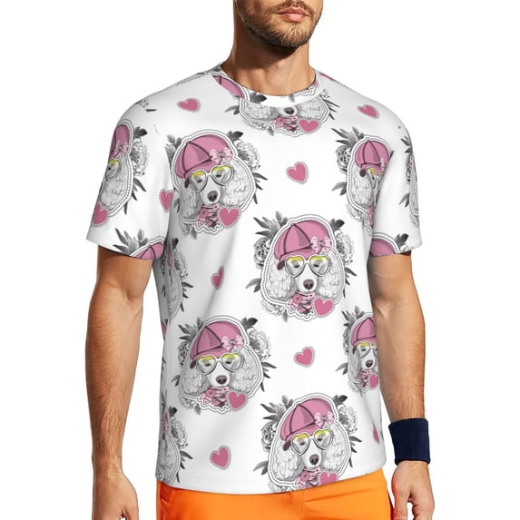 Wukai Cartoon Poodle Dog Print Men's Short-Sleeved Mesh T-Shirt,Quick-Dry Short Sleeve Workout T-Shirt-3X-Large