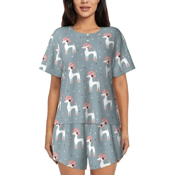 Wukai Cartoon Poodle Dog Women's Pajama Set,Short-Sleeve Top and Shorts with Elastic Waistband and Pockets for Loungewear, Yoga, and Casual Wear-X-Large