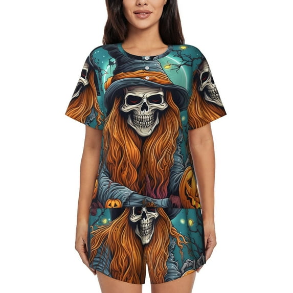Wukai Cartoon Pumpkin Skull Print Women's Pajama Set - Short-Sleeve Top and Shorts with Elastic Waistband and Pockets for Loungewear, Yoga, and Casual Wear-XX-Large