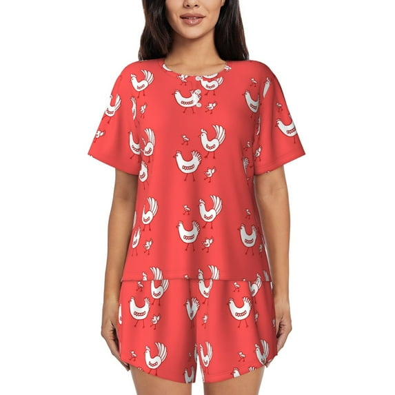 Wukai Cartoon Rooster Women's Pajama Set,Short-Sleeve Top and Shorts with Elastic Waistband and Pockets for Loungewear, Yoga, and Casual Wear-4X-Large