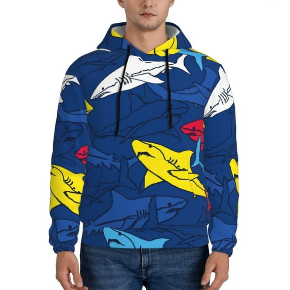 Wukai Cartoon Shark Print Men Hoodies Fleece Sweatshirts Long Sleeve Sweaters Pullover Fall Outfits Winter Clothes-Large