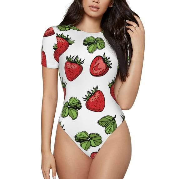 Naloa Hand Drawn Strawberry Women's Short-Sleeved Onesie, One-Piece Swimsuit for Parties, dates, clubs - X-Large
