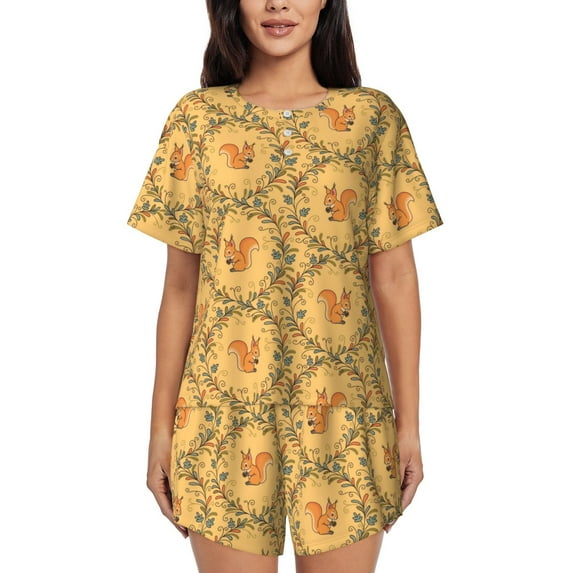 "Wukai Cartoon Squirrel Women's Pajama Set - Short-Sleeve Top and Shorts with Elastic Waistband and Pockets for Loungewear, Yoga, and Casual Wear-3X-Large