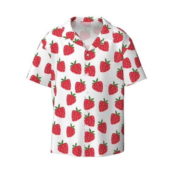Wukai Cartoon Strawberry Men's Casual Short-Sleeve Button Down Shirt - Lightweight Summer Dress Shirt for Daily Wear-