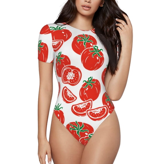 Naloa Hand Drawn Tomatoes Women's Short-Sleeved Onesie, One-Piece Swimsuit for Parties, dates, clubs - X-Large