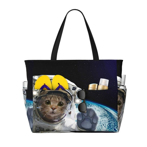 Wukai Cat Astronaut Print Zipper Bag,large Beach Tote Bag,Waterproof Sandproof Bag,Grocery and Picnic Tote Travel Bag