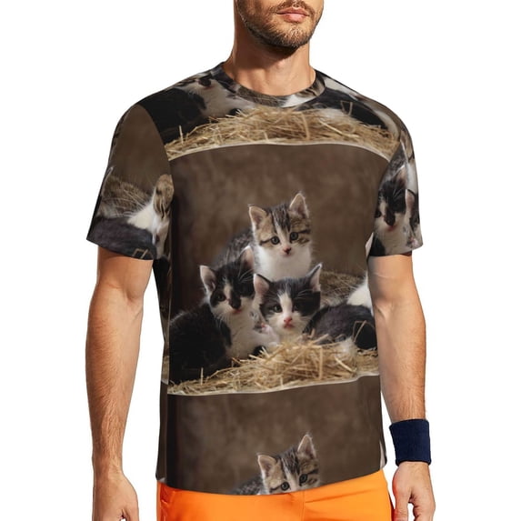 Wukai Cat Family Print Men's Short-Sleeved Mesh T-Shirt,Quick-Dry Short Sleeve Workout T-Shirt-5X-Large