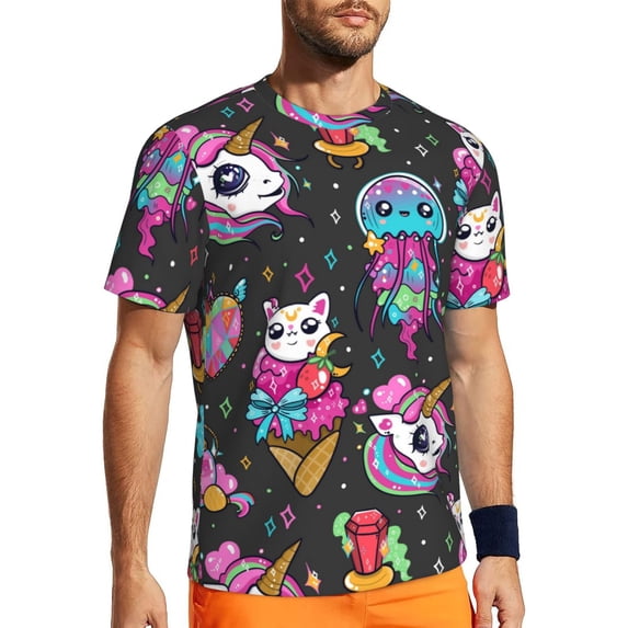 Wukai Cat Icecream Print Men's Short-Sleeved Mesh T-Shirt,Quick-Dry Short Sleeve Workout T-Shirt-XX-Large