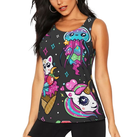 Wukai Cat Icecream Print Women's Workout Tank Top Mesh Yoga Shirts Athletic Running Tank Tops Athletic Gym Shirts - XX-Large