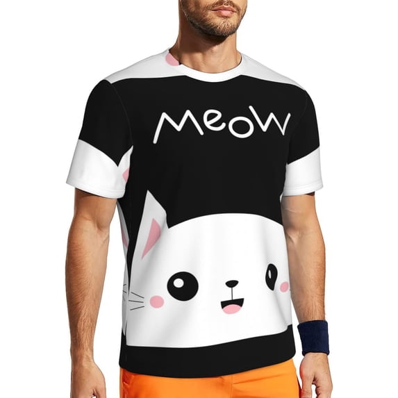 Wukai Cat Meow Print Men's Short-Sleeved Mesh T-Shirt,Quick-Dry Short Sleeve Workout T-Shirt-