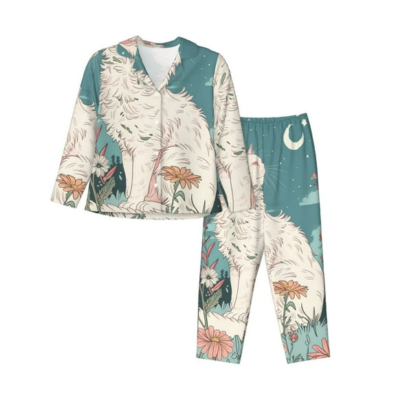 Wukai Celestial Cat And Flowers Print Women's Pajama Set,PJ Set,Lounge Sets For Women Soft Long Sleeve Sleepwear Comfort and Style-Small
