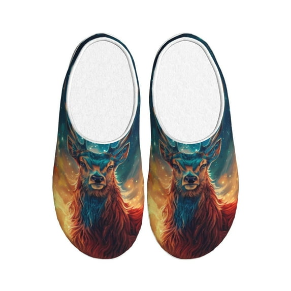 Wukai Celestial Stag Cosmic Glow Print Women's Indoor Bedroom Slipper Slip On Shoes, Unisex House Shoes with Anti-Skid Sole for Men, Gift for Women Men-11