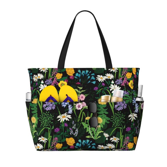 Wukai Chamomile Print Zipper Bag,large Beach Tote Bag,Waterproof Sandproof Bag,Grocery and Picnic Tote Travel Bag