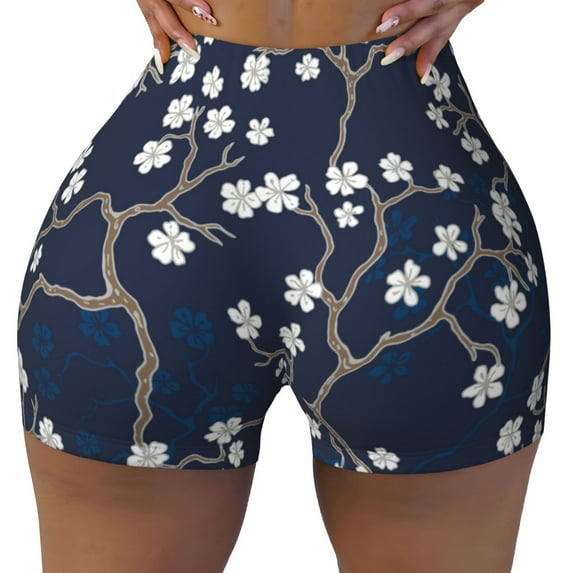Wukai Cherry Blossoms on Navy Background Print Pack Biker Shorts for Women Yoga Workout Gym Running Scrunch Active Shorts-XX-Large