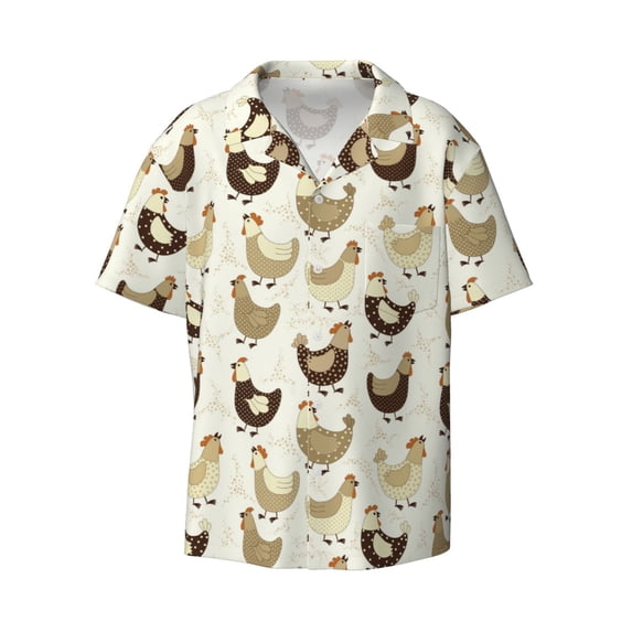 Wukai Chicken Cartoon Men's Casual Short-Sleeve Button Down Shirt - Lightweight Summer Dress Shirt for Daily Wear-XX-Large