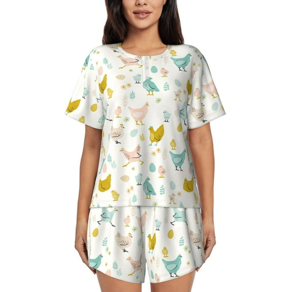Wukai Chicken Women's Pajama Set,Short-Sleeve Top and Shorts with Elastic Waistband and Pockets for Loungewear, Yoga, and Casual Wear-XX-Large