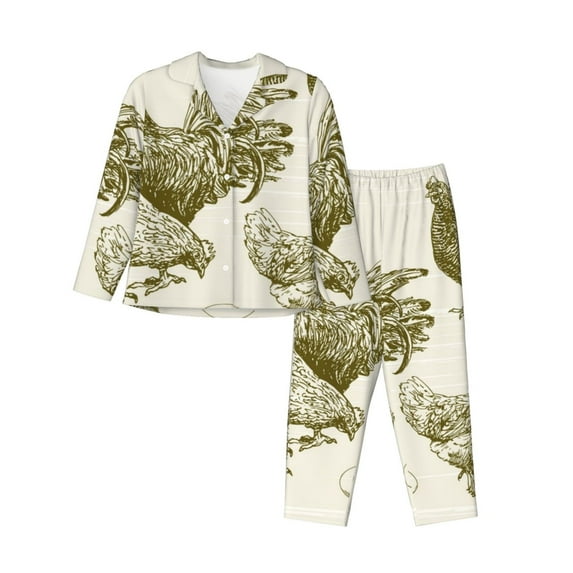 Wukai Chickens Print Women's Pajama Set,PJ Set,Lounge Sets For Women Soft Long Sleeve Sleepwear Comfort and Style-Small