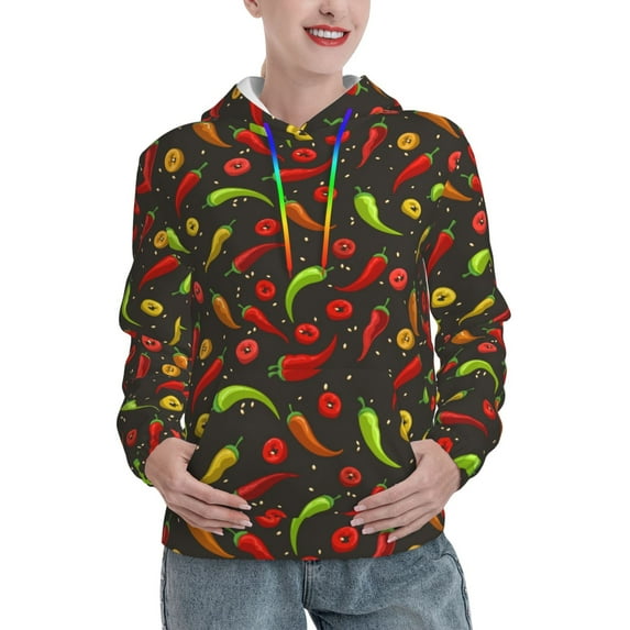 Wukai Chili2 Print Womens Hoodies Fleece Sweatshirts Long Sleeve Sweaters Pullover Fall Outfits Winter Clothes-X-Large