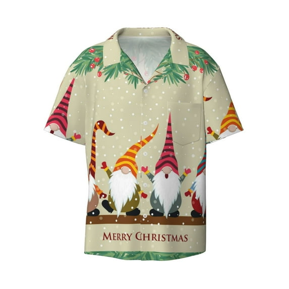 Wukai Christmas Card With Gnomes Men's Casual Short-Sleeve Button Down Shirt - Lightweight Summer Dress Shirt for Daily Wear-4X-Large