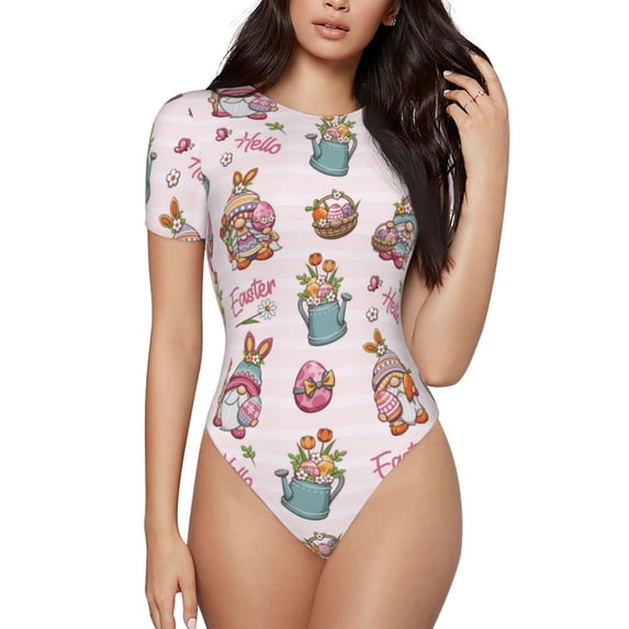 Naloa Hello Easter Women's Short-Sleeved Onesie, One-Piece Swimsuit for Parties, dates, clubs - Medium