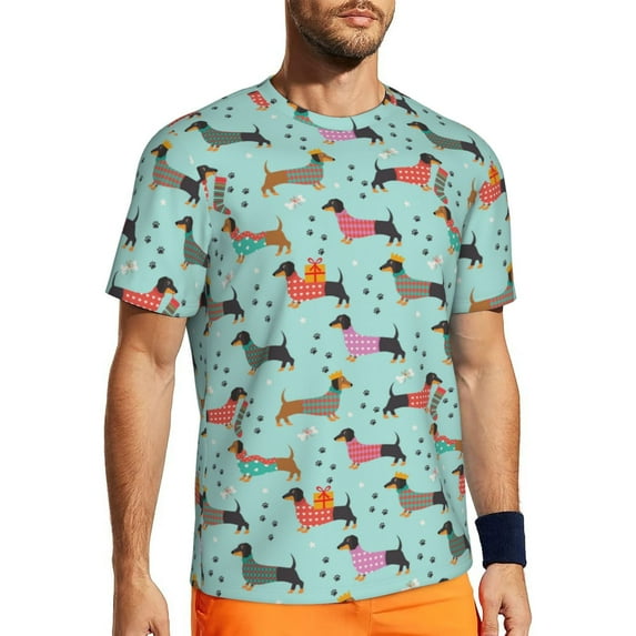 Wukai Christmas Dachshund Print Men's Short-Sleeved Mesh T-Shirt,Quick-Dry Short Sleeve Workout T-Shirt-3X-Large