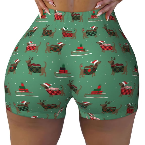 Wukai Christmas Dachshund Print Pack Biker Shorts for Women Yoga Workout Gym Running Scrunch Active Shorts-X-Large