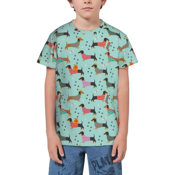 Wukai Christmas Dachshund Youth Unisex Short Sleeve T-Shirt for Boys, Girls, Teens, and Kids-X-Small