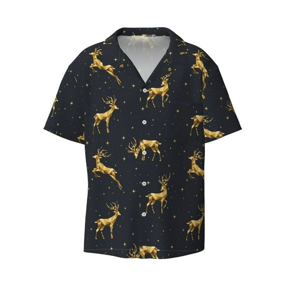 Wukai Christmas Deers Men's Casual Short-Sleeve Button Down Shirt - Lightweight Summer Dress Shirt for Daily Wear-Medium