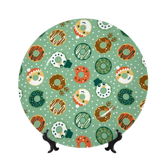 Wukai Christmas Donuts Print Decorative Plate for Display,Bone China Decorative Plate, Ceramic Dinner Plate with Stand, Vertical Ceramic Plate-8in