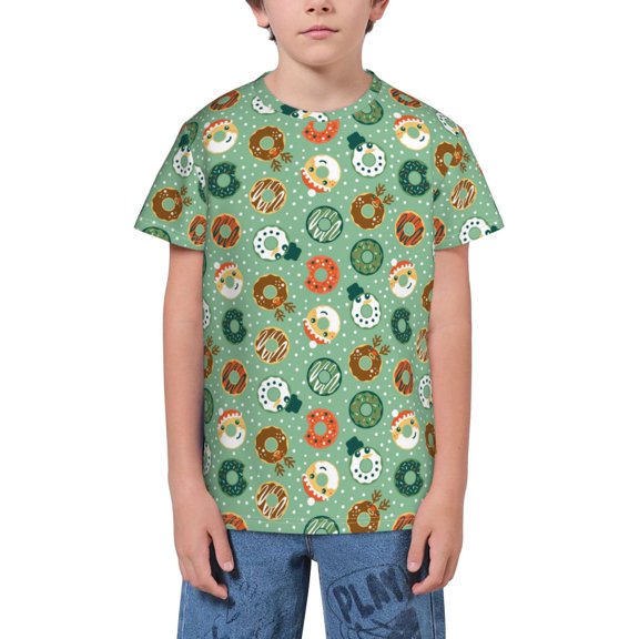 Wukai Christmas Donuts Youth Unisex Short Sleeve T-Shirt for Boys, Girls, Teens, and Kids-X-Small