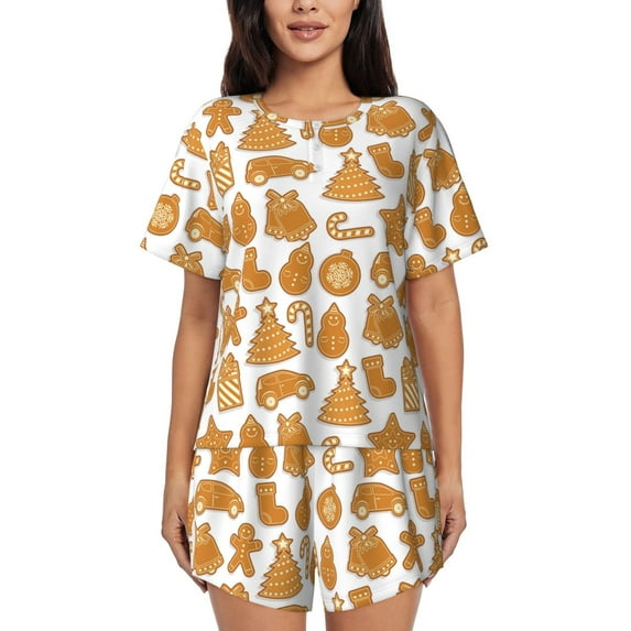 Wukai Christmas Elements Women's Pajama Set,Short-Sleeve Top and Shorts with Elastic Waistband and Pockets for Loungewear, Yoga, and Casual Wear-